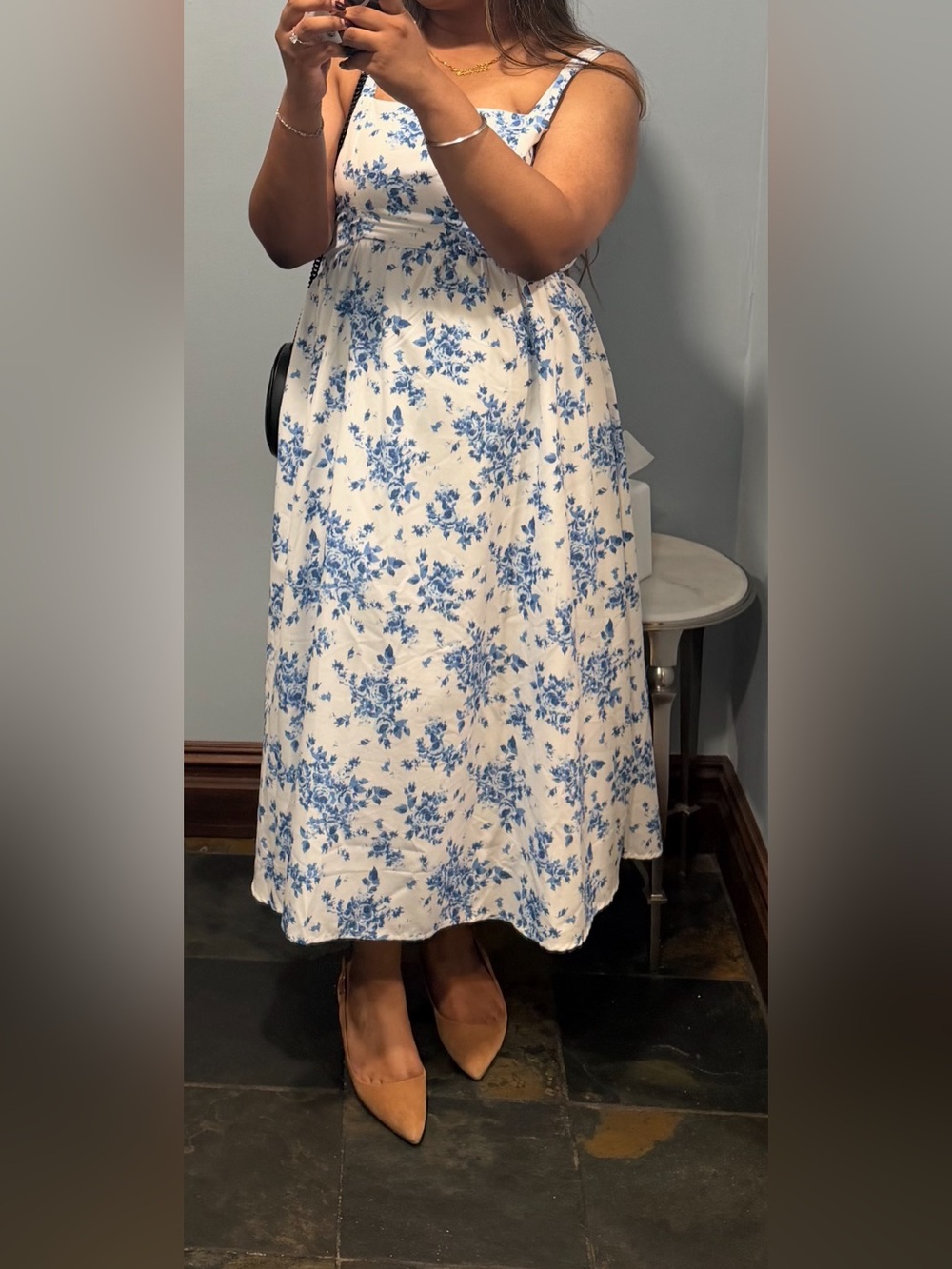 Blue Floral Midi Skirt with Adjustable Straps